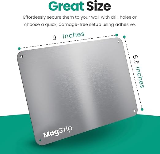 9 inches x 6.5 inches Stainless Steel Plate for Magnets, 3M Adhesive Back, Mounting Screws, Ideal for Magnetic Shelf, Spice Holders, Fridge Magnets. Mount Anywhere! (Silver, 1 Pack)