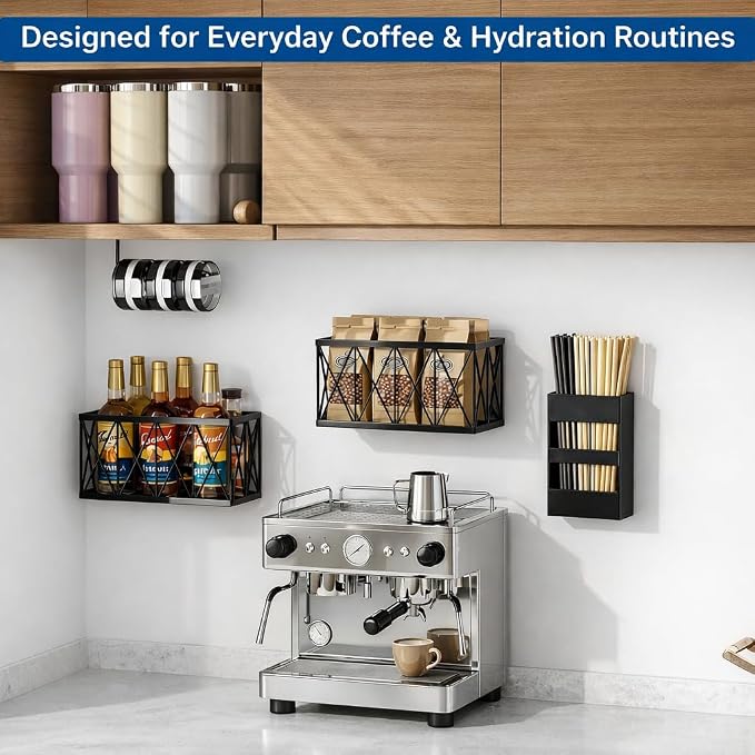 4 Pack No Drill Cabinet Door Lid Organizer for Plastic & Tumbler Lids, Inside Cabinet Wall Mounted Storage, Compatible with Tupperware & Yeti, with Magnetic Straw Holder