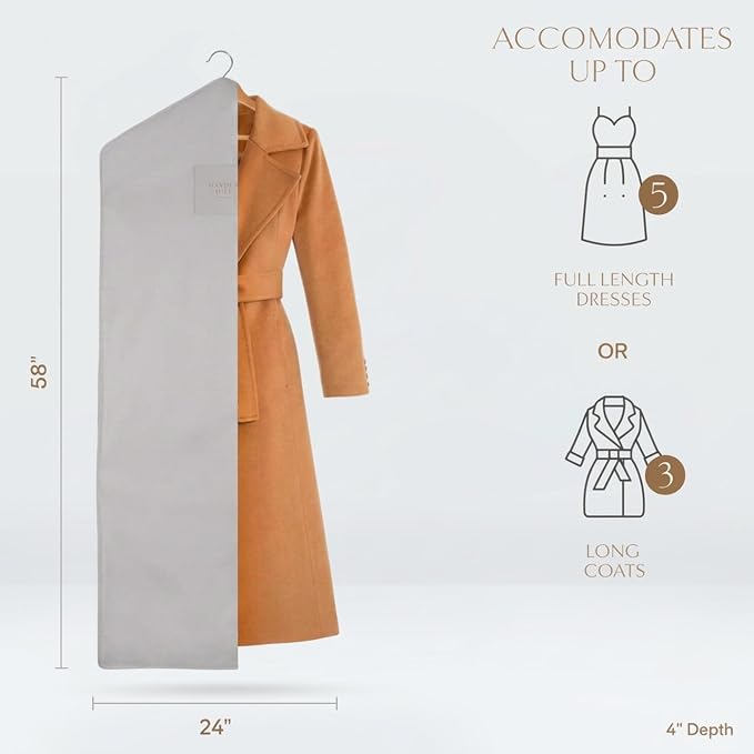 Hayden Hill Luxury Organic Cotton Garment Bag for Hanging Clothes Long 58" | Full Length Breathable Dress Bag, Moth Proof Hanging Garment Bags For Closet Storage, Certified Carbon Neutral, Gray