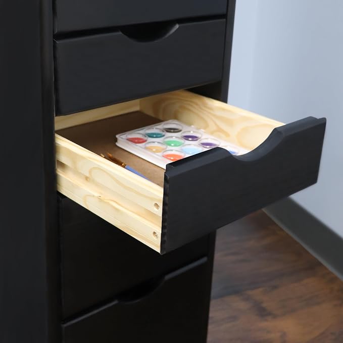 Jela-USA Solid Pine Wood 8 Drawer Rolling Cart, Black
