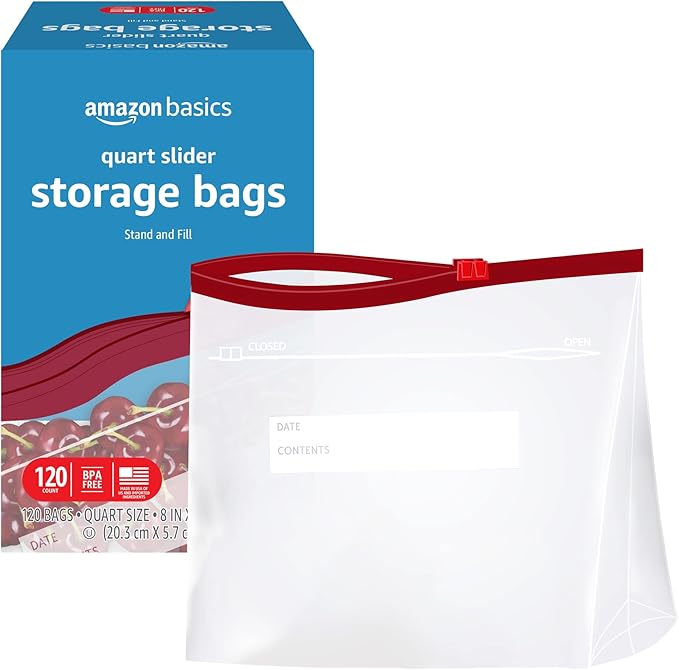 Amazon Basics Slider Quart Food Storage Bags, BPA Free, 120 Count (Previously Solimo) (Pack of 2)