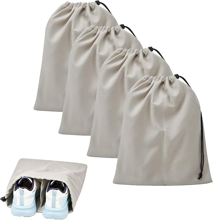 4 Pack Shoe Bags for Travel, Shoes Pouch with Partition Design & Drawstring Closure, Shoe Bags for Storage, Travel Essentials for Men Women (Grey)