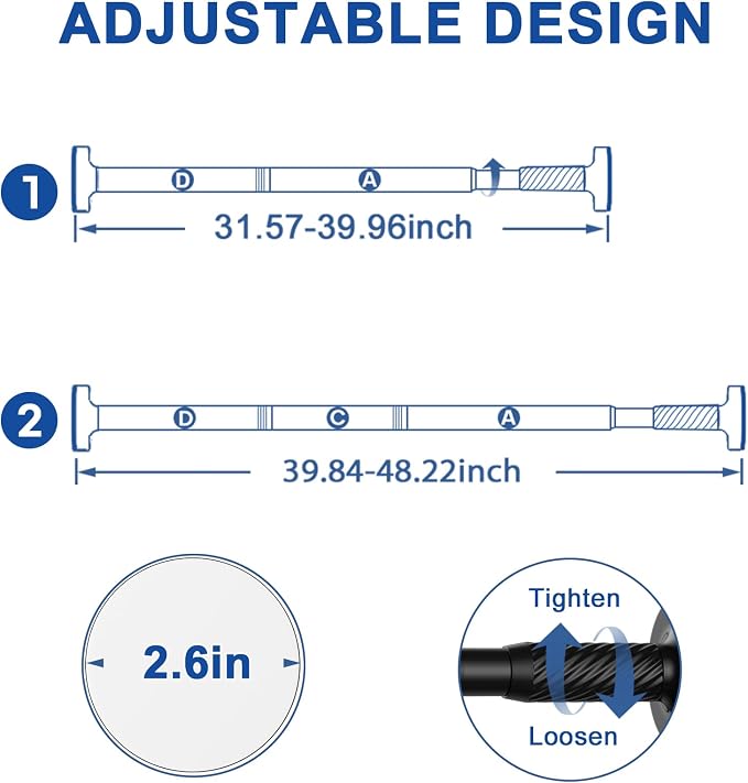 Tension Curtain Rod 32-48Inch Black Shower Rod Tension Rod Adjustable Curtain Rods no Drilling Curtain Rods for Bathroom,Windows,Closets,Doorway