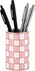 Ceramic Checkered Pen Holder For Desk,Cute Stand Black And White Pencil Cup,Durable Ceramic Pencil Cup, Decorative Makeup Brush Holder Cup, Stationery Holder for Office, School, Home (Pink)