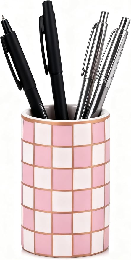 Ceramic Checkered Pen Holder For Desk,Cute Stand Black And White Pencil Cup,Durable Ceramic Pencil Cup, Decorative Makeup Brush Holder Cup, Stationery Holder for Office, School, Home (Pink)