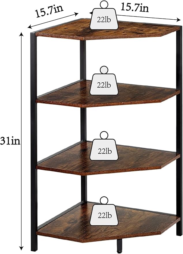 VECELO 31 Inch Corner Shelf, 4-Tier Display Shelves, Wood Storage Stand with Metal Frame, Multipurpose Shelving Unit for Small Space, Home Office,Antique Brown