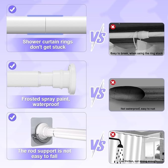 White Short Shower Curtain Rod 18-32 Inch, Non-Slip, Stainless Steel | Small Shower Curtain Rod with Adjustable Length, No Drilling Needed for Easy Installation