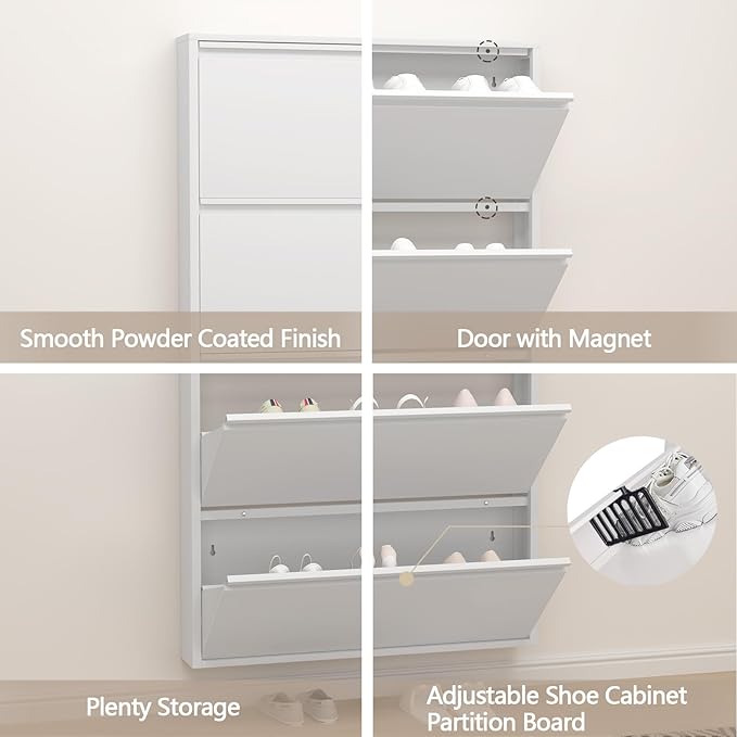 GREATMEET Shoe Rack for Closet, 6 Inch Slim Wall Mounted Shoe Cabinet, Narrow White Hidden Metal Shoe Storage with 4 Flip Drawers, Tall 57 Inch Steel Organizer Rack for Entryway Hallway Small Spaces