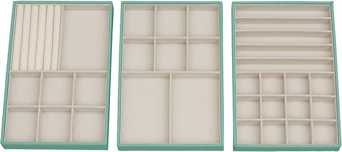 Household Essentials 3-Tier Jewelry Tray, Sturdy Chipboard With Polyester Linen Wrap, Polyester Felt Lining, Many Compartments for Easy Jewelry Access, Stackable, Stylish and Functional, Seafoam Green
