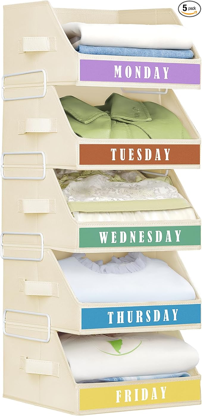 Homsorout Closet Organizers and Storage - 5 Tier Shelf Organizer with Weekly Labels, Stackable Storage Bins with Metal Frame, Foldable Cube Bins, Home Baskets for Kids and Adults, Beige