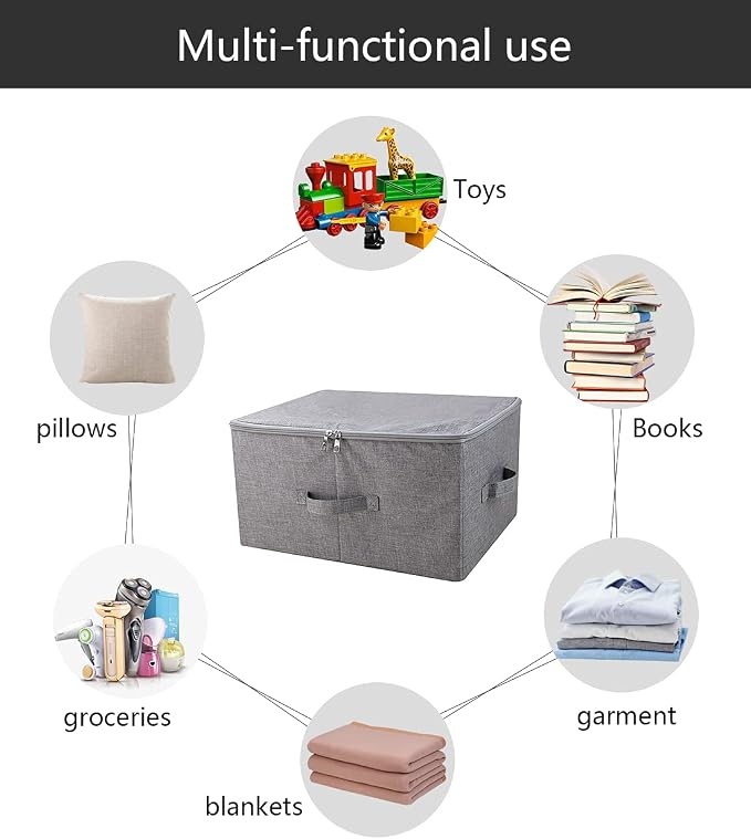 Folding Rigid Storage Baskets for Clothing, Closet Shelf Drawers, 2 pcs | 17.6*13.6*9.7" fits most shelves/ closet/ wardrobes, 3-side zipper lid for heavy large stuff, sturdy fabric plastic boards