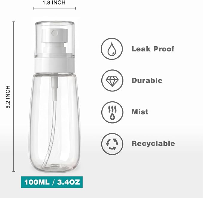 3Pack Small Spray Bottles, 3.4oz Clear Refillable Plastic Travel Bottles, Empty Portable Fine Mist Spray Containers for Perfume, Cosmetic, Skincare, Toiletry Daily Use