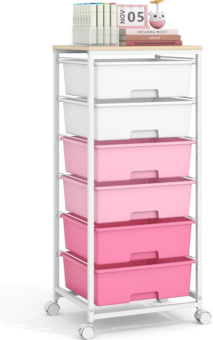 Rolling Storage Cart with 6 Drawers and Wooden Tabletop, Lockable Wheels Utility Cart for Art Studios, Office Supplies & Craft Room Organization (Pink)