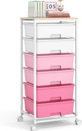 Rolling Storage Cart with 6 Drawers and Wooden Tabletop, Lockable Wheels Utility Cart for Art Studios, Office Supplies & Craft Room Organization (Pink)