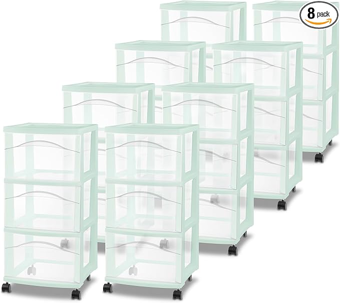Sterilite 8 Pack 3 Drawer Storage Cart, Plastic Rolling Organization, Mint
