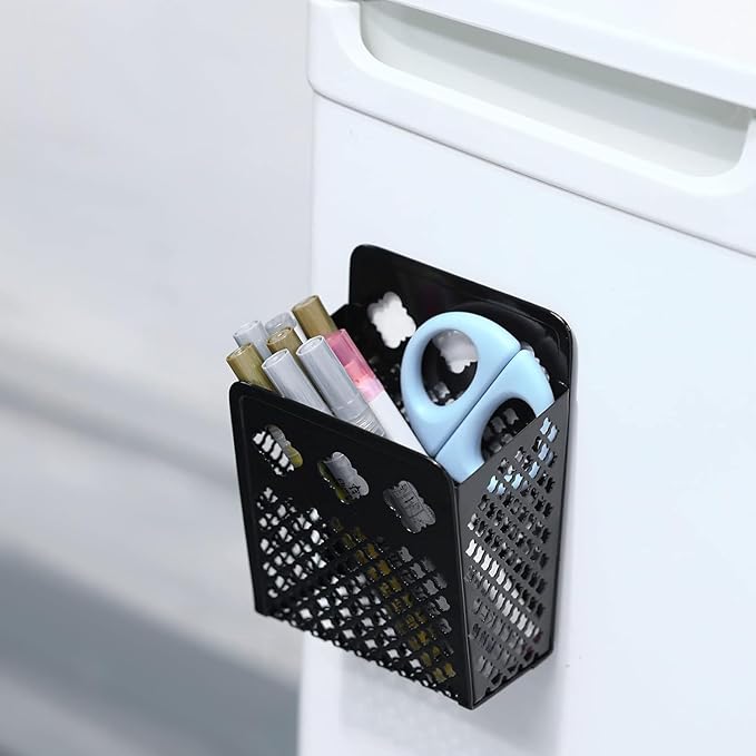 Magnetic Pen Holder, Mesh Metal Strong Magnet Dry Erase Marker Holder | Pencil Organizer Small Items Basket for Refrigerator, Whiteboard, Locker Accessories-Pack of 1, Black