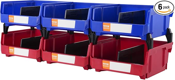 VEVOR Plastic Storage Bins 6 Pack (11 x 11 x 5-Inch), Hanging Stackable Storage Organizer Bins, Heavy Duty Stacking Containers for Closet, Garage, Office, Home, Pantry or Small Parts Organization