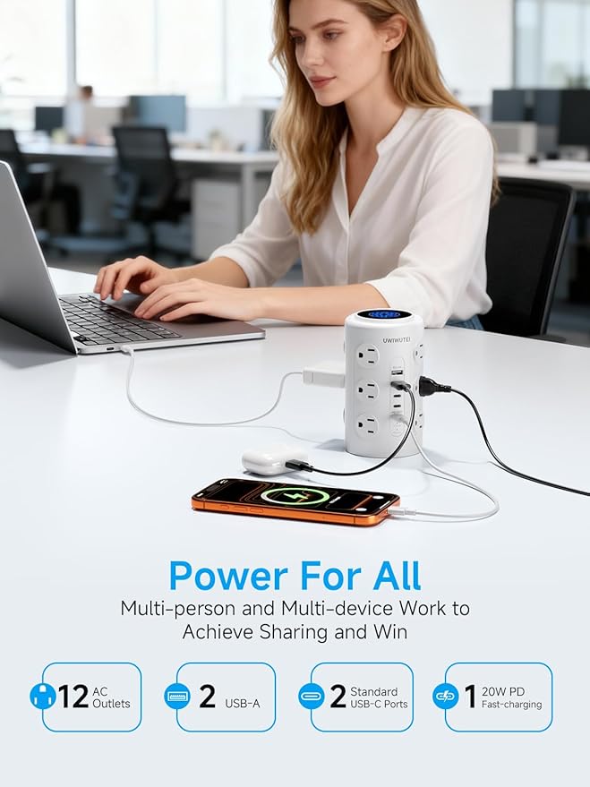 Tower Power Strip with 1 Dedicated PD 20W Fast-Charging Port, 12 Outlets, 5 USB Ports (3 USB-C), Desk Charging Station for Multiple Devices, 6FT Extension Cord, Home Office Essentials
