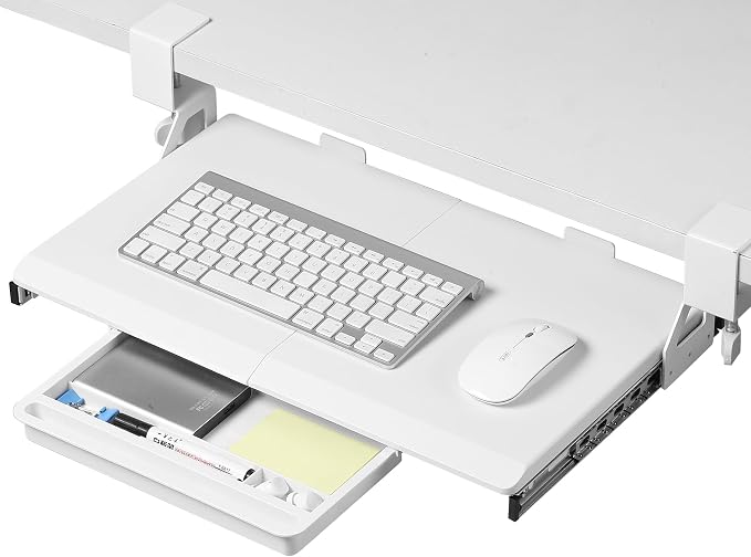 ETHU Under Desk Keyboard Tray - Small Slide Out Keyboard Shelf with C Clamp Mount, 19.7" x 11.8" Ergonomic Pull Out Tray for Home Office Desk, White