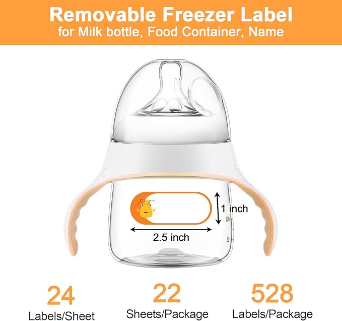 528 Pcs 1 x 2.5 Inch Baby Milk Bottle Labels Writeable, Removable Freezer Labels, 528 Food Stickers Cartoon Waterproof, Residue-Free Food Storage Label, for Kitchen, Mason Jar