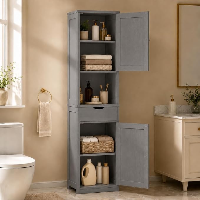 Walsunny Tall Bathroom Storage Cabinet with Freestanding Adjustable Shelves, Narrow Storage Linen Cabinet with 2 Doors and 1 Drawer for Bathroom, Living Room, Kitchen, Gray