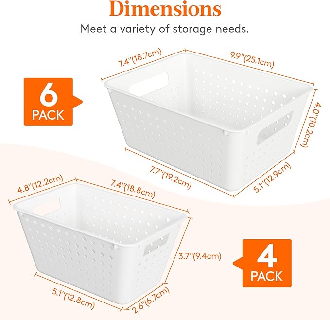 Lifewit Plastic Storage Basket for Organizing, 10 Pack Stackable Open Containers, Multi Size Storage Bins for Shelving, Pantry, Office and Cabinet, 6 Large and 4 Small Size, White