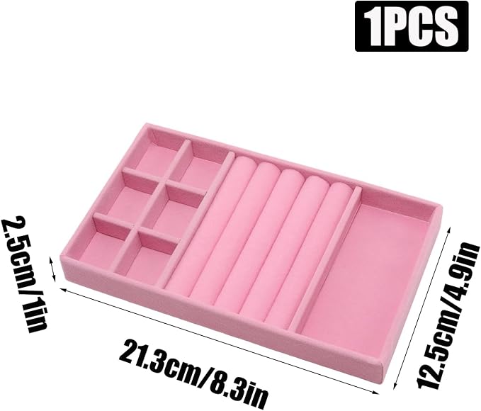 Velvet Jewelry Organizer Trays Pink Stackable Jewelry Storage Display Tray with Removable Dividers, 3-in-1