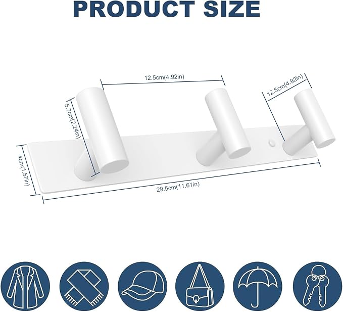 VAEHOLD Hat and Coat Wall Mount Rack - Hooks for Robes, Bags, Keys, and Towels - Bathroom Towel Hanger Organizer (White, “T“ Shape 3 Hooks 2 Pack)