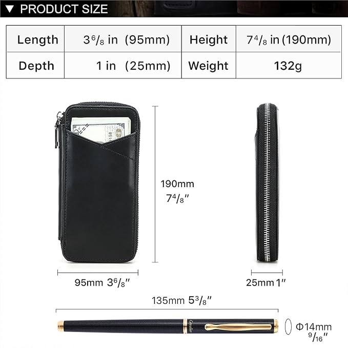CONTACTS Full Grain Leather Pencil Case Handmade Vintage Zipper Pen Holder Pouch with Card Slot Pens Organizer Pockets Stationery Bag for Men and Women (Black)