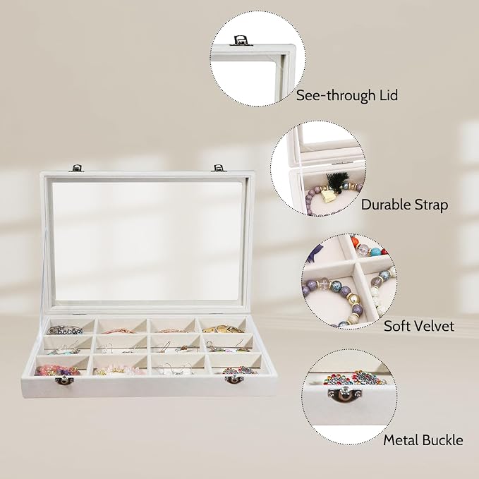Stratalife Jewelry Organizer Bracelet Organizer Storage Box 12 Grid Stackable Jewelry Tray with Lid Velvet Jewelry Box for Drawer Necklace Bracelet Display Storage Organizer Box (Beige)