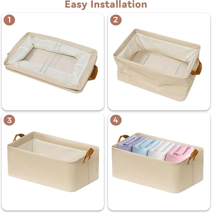 4 Pack Closet Cloth Storage Bins with Handles（ Beige 17''L x 12''W x 10''H）