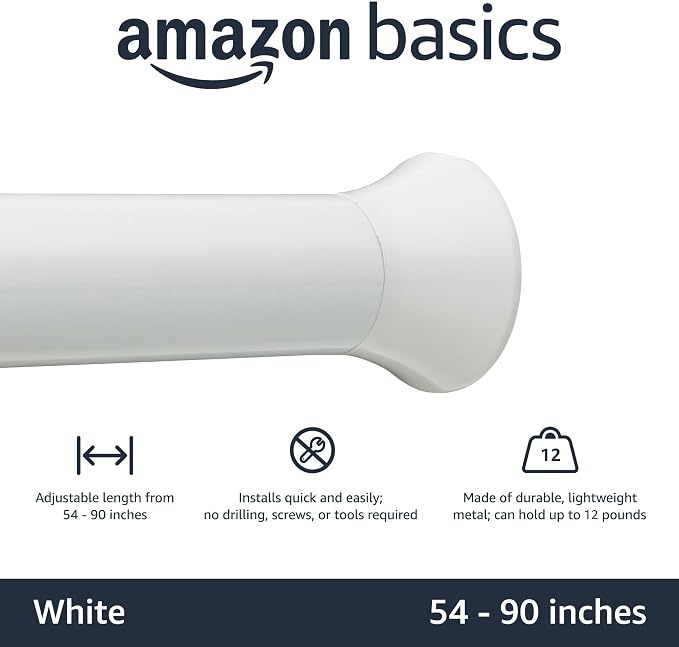 Amazon Basics No Drilling Spring Tension Curtain Rod, Easy to Install, Adjustable 54-90" Width, Sturdy, White, Classic Finial