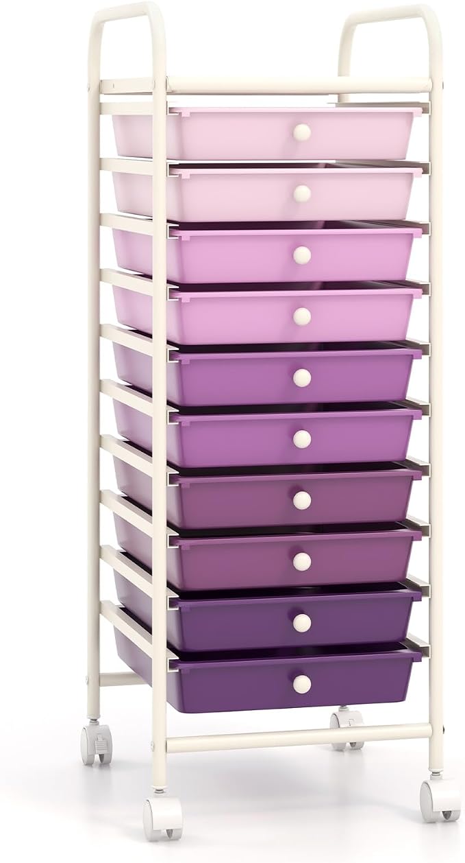 LDAILY 10 Drawer Rolling Storage Cart, Craft Organizer on Wheels, Drawer Cart with Metal Frame & Large Storage Capacity, Rolling Cart with Drawers for Living Room Classroom, Office