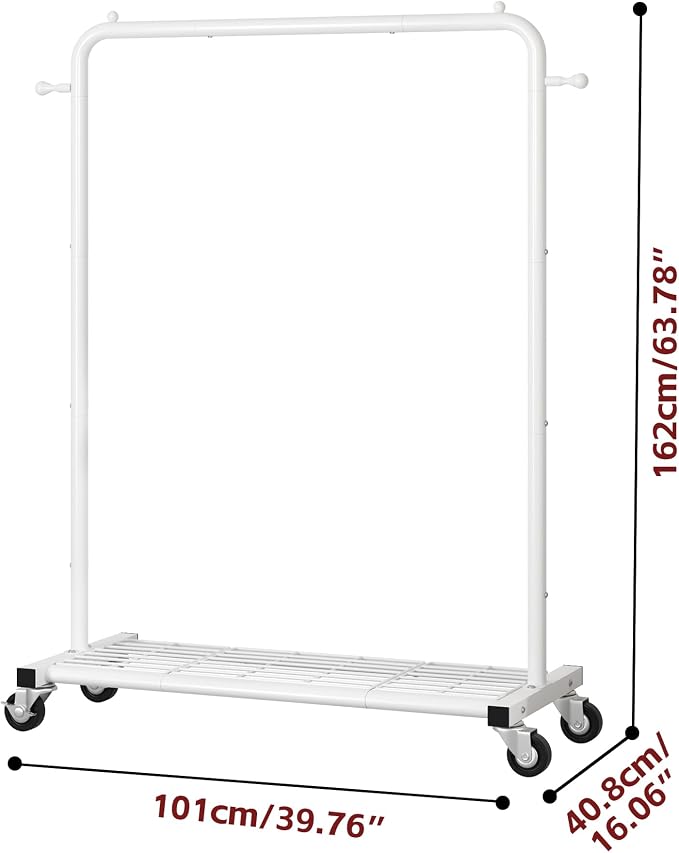 Sywhitta Clothing Rack on Wheels with Mesh Storage Shelf & Sturdy Metal Frame, Rolling Garment Rack for Hanging Clothes, Coats, Skirts, 39.76" L x 16" W x 64.56" H,White