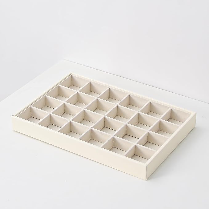Stackable Jewelry Organizer Tray For Drawers,White Leather Small Earring Storage Tray,Bracelet And Necklace Display Box,Jewelry Ring Display Case (24 Grids)