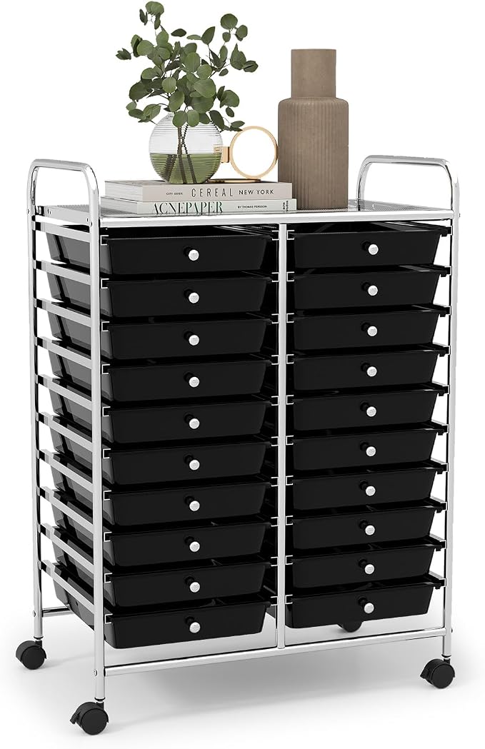LDAILY 20-Drawer Rolling Storage Cart, Rolling Storage Cart, Storage Organizer on Wheels, Metal Frame, Scrapbook Paper Tools, Suitable for Office School, Classroom (Black, 20 Drawer)