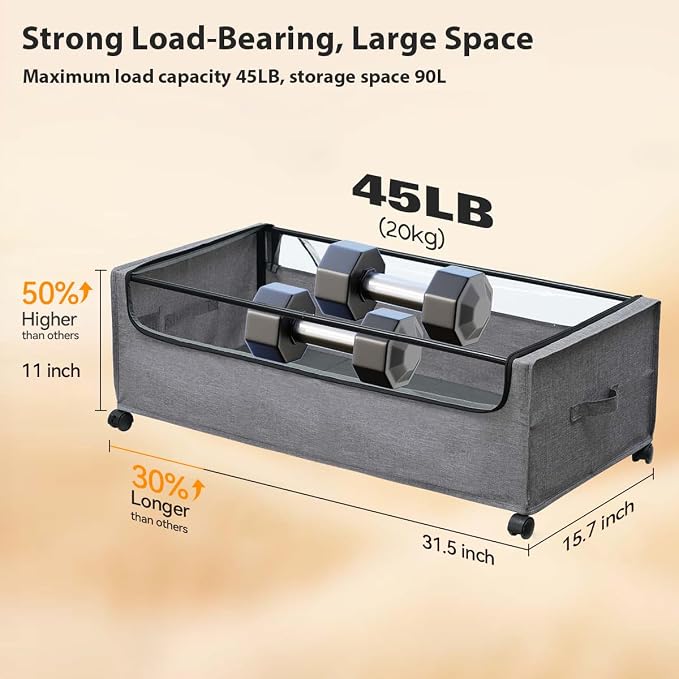 FOUCSSOMEI Under Bed Storage with Wheels, Rolling Under bed Storage with Metal Frame, Under Bed Shoe Storage for Space Saving, Zippered Clear Lid, Heavy-Duty Steel Base for Clothes