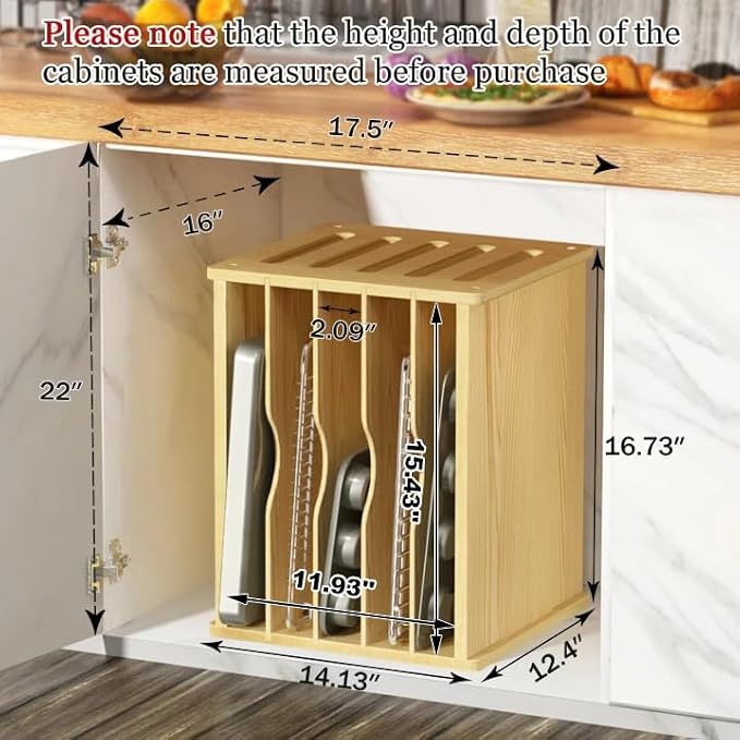 6 Tier Wooden Tray Dividers for Cabinets, Cookie Sheet Organizer for Cabinet, Vertical Tray Dividers for Storing pans, Baking trays, Cutting Board