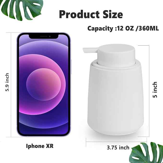 12Oz White Soap Dispenser - Modern Ceramic Lotion Hand Soap Dispenser with Easy-to-Press White Pump, Reusable and Refillable Liquid Dish Soap Dispensers for Bathroom, Kitchen (Rubber Paint)