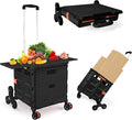 Foldable Utility Cart with Stair Climbing Wheels,Collapsible Rolling Crate with Magnetic Lid Telescopic Cover,Telescoping Handle,360° Rotate Wheel Hand Cart for Teacher Shopping Moving Grocery(Black)