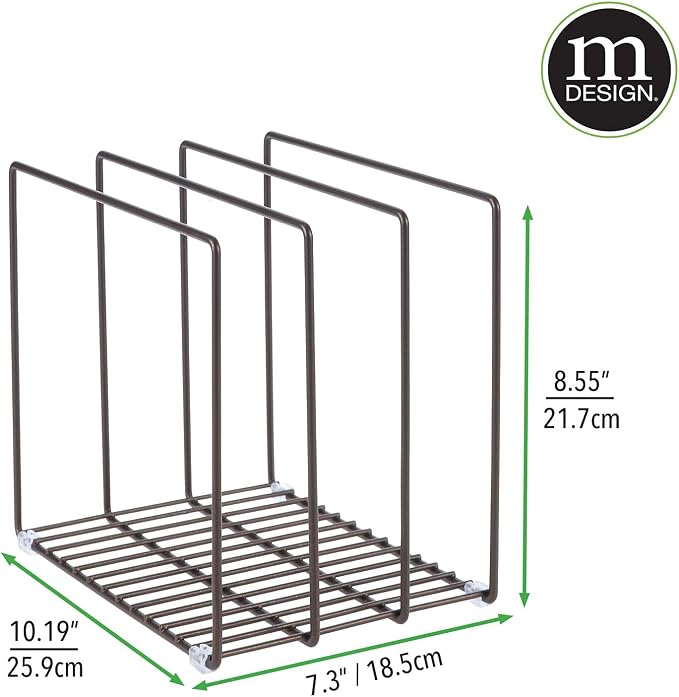 mDesign Steel Storage Tray Organizer Rack for Kitchen Cabinet - Divided Holder with 3 Slots for Skillets, Frying Pan, Pot Lids, Cutting Board, Baking Sheets - Concerto Collection - Bronze