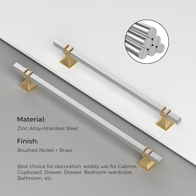 30 Pack 7-1/2 Inch Cabinet Pulls Brushed Nickel and Gold Cabinet Pulls, Silver and Gold Dresser Drawer Handles Kitchen Dresser Hardware