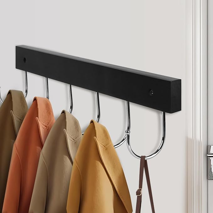2 Pack Coat Rack Wall Mount with 12 Rotating 180° Coat Hooks, 14.6" Rustproof Wooden Entryway Organizer, Wall Hooks for Hanging Coats, Purse, Hats, Jackets, Towels, Space Saving Hanger (Black)
