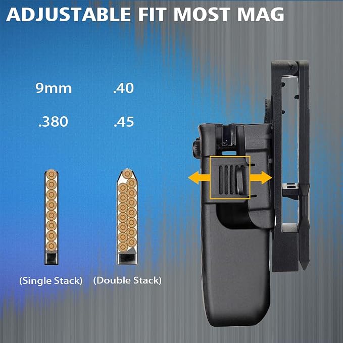 Double Magazine Holster Universal fit 9mm 380 10mm .40 .45 Pistol Magazines | Adjustable Retention Mag Holder Pouch for Glock/Sig sauer/S&W/Beretta/Taurus/Springfield/Ruger/1911 Single & Double Stack Mag