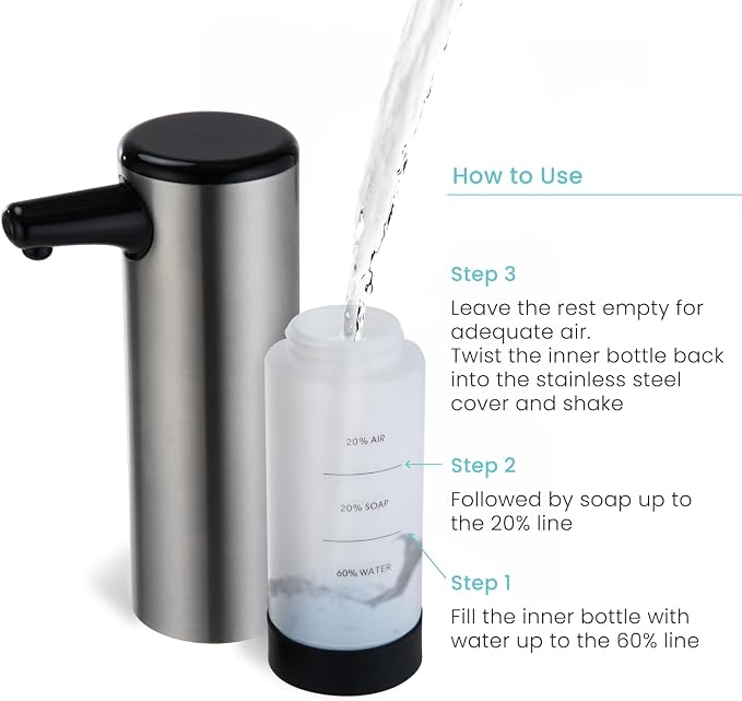 Home Zone Living Foaming Hand Soap Dispenser | Stainless Steel Outer Cover, Refillable Pump for Kitchen and Bathroom Sinks, Silver