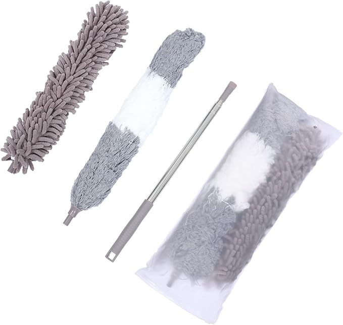 Dual-Head Microfiber Chenille Duster Set 4pcs with Telescopic Handle for Home Cleaning Ceiling Fan Dusting and Household Dust Sweeper