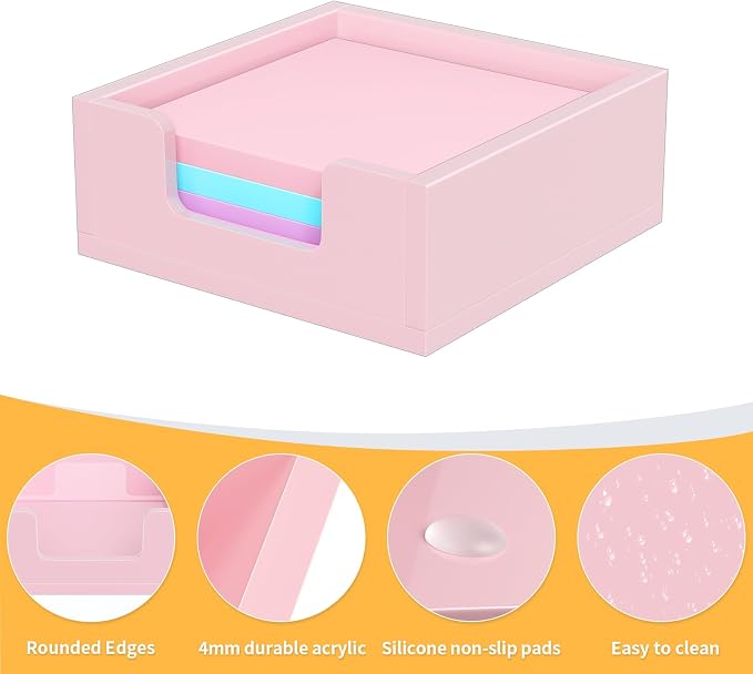 Acrylic Notepad Dispenser Organizer - 3 x 3 in Pink Sticky Note Holder W/O Pads Memo Holder for Dorm Room School Classroom Office Desk Organizer Aesthetic Supplies