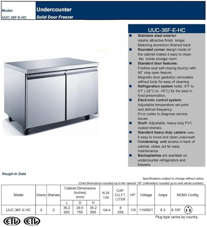 Commercial Undercounter Freezer, ETL Stainless Steel 36" W 8 cu.ft.. -8°F to 0°F 0976