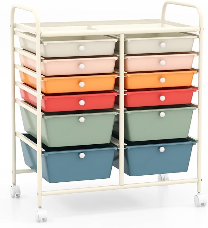 DREAMADE Rolling Cart with Storage Drawers, Utility Cart with Removable Plastic Drawers, Lockable Wheels, Art Cart for Classroom Organization Art Supplies Office Scrapbook (12 Drawers, Macaron)