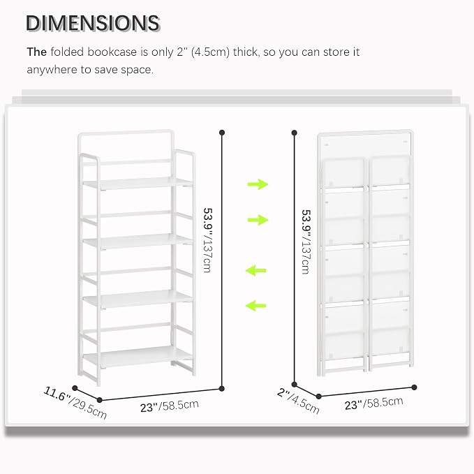 4NM No Assembly Folding Bookshelf, 4-Shelf 54" H Collapsible Foldable Bookcase Storage for Small Spaces, All White